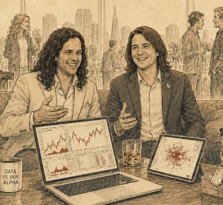 Two founders mid pitch behind a laptop showing market charts.