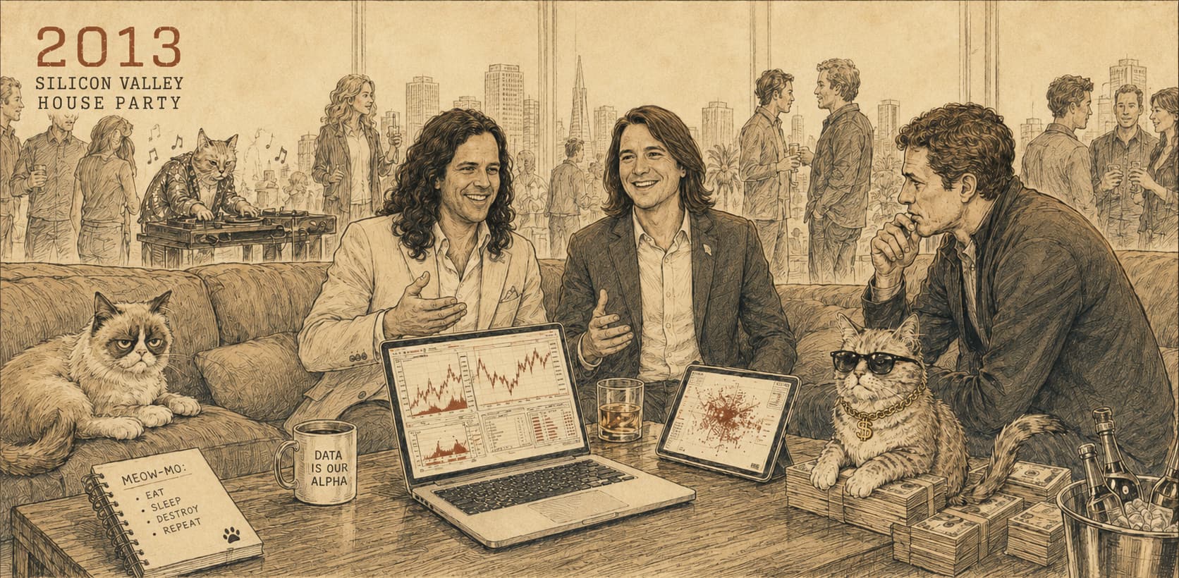 A 2013 Silicon Valley party drawn in sepia ink. Two founders sit mid pitch behind a laptop showing market charts, an investor listens across the table, and two cats sit among stacks of banknotes.