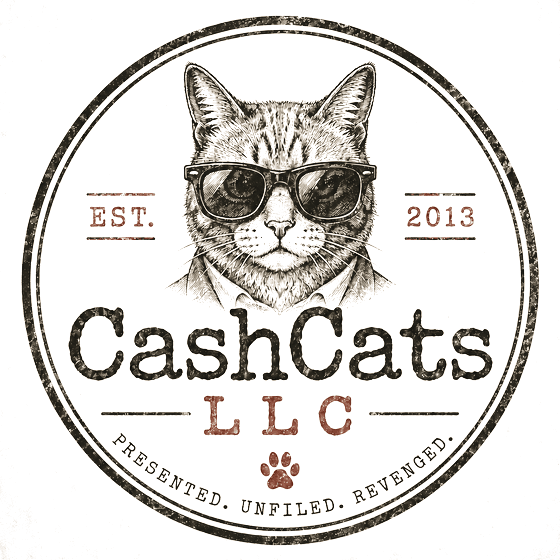 The CashCats LLC seal: a cat in sunglasses and a suit inside a stamped ring reading est. 2013, presented, unfiled, revenged.