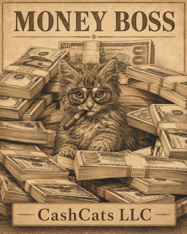 A card titled Money Boss: a kitten in round glasses with a cigar, sitting among bundles of cash.