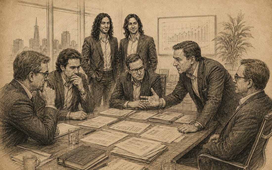 A boardroom table covered in documents. An investor leans across it with a hand out, mid argument, while the two founders stand behind watching.
