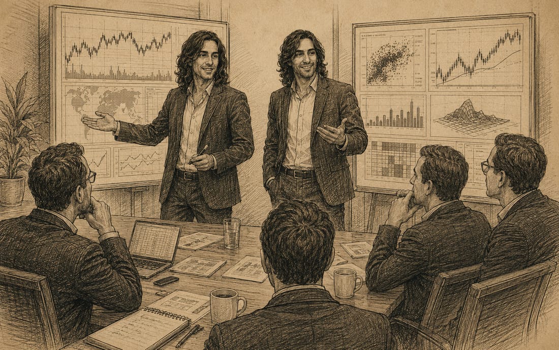 The two founders standing at a wall of charts, presenting to a table of investors who are listening.