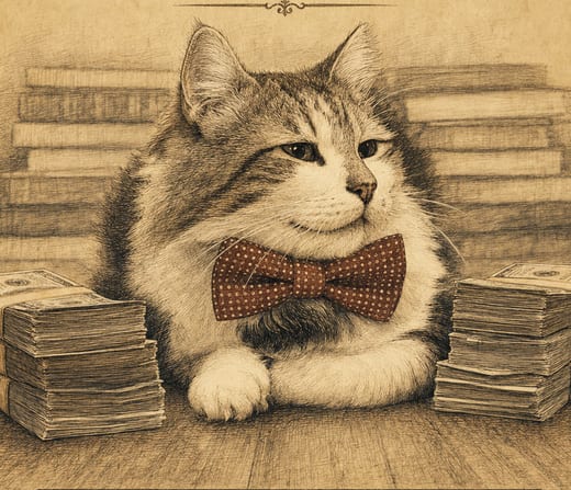 Bowtie Boss: a cat in a red bow tie between neat stacks of banknotes.