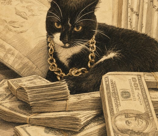 Chain Cat: a black and white cat wearing a gold chain on stacks of banknotes.