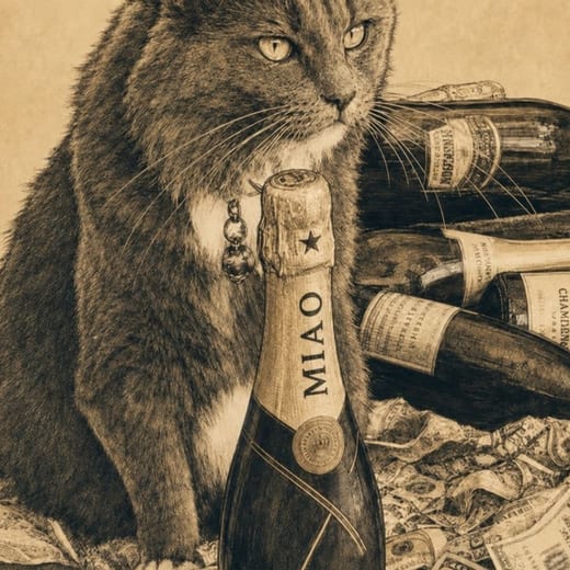 Champagne Cat: a grey cat sitting among toppled champagne bottles and banknotes, behind a bottle labelled Miao and Chandon.