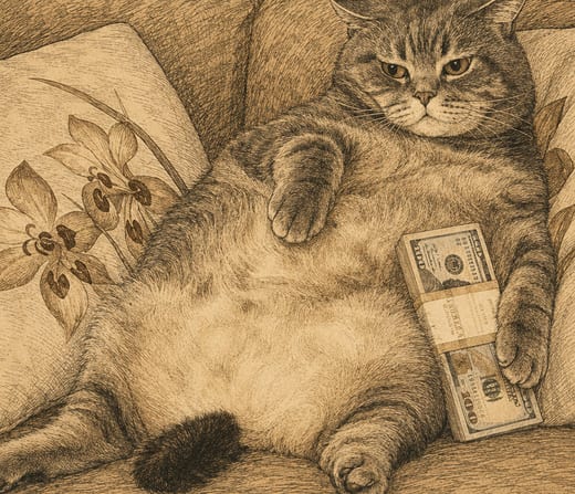 Couch Rich: a heavy tabby lying back with a fan of banknotes on its belly.