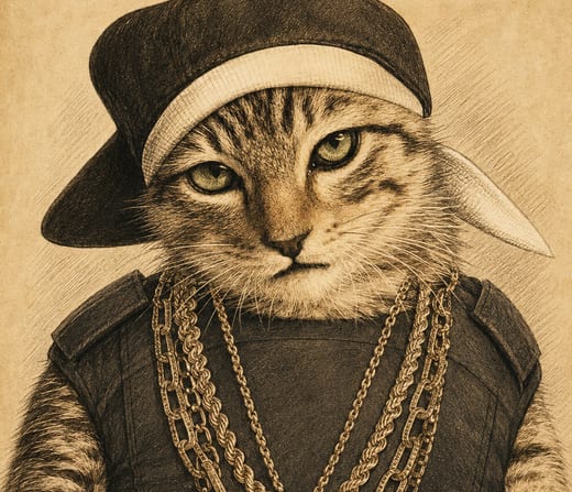 Keanu: a tabby in a flat cap and gold chains with a nameplate.