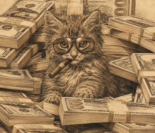 Money Boss: a kitten in round glasses with a cigar among bundles of cash.