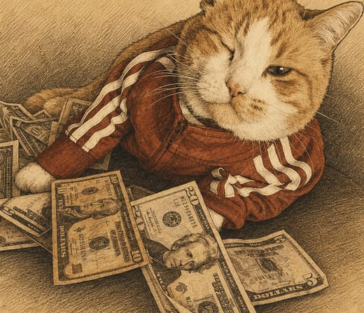 Tracksuit Cat: a ginger cat in a red tracksuit lying across banknotes.