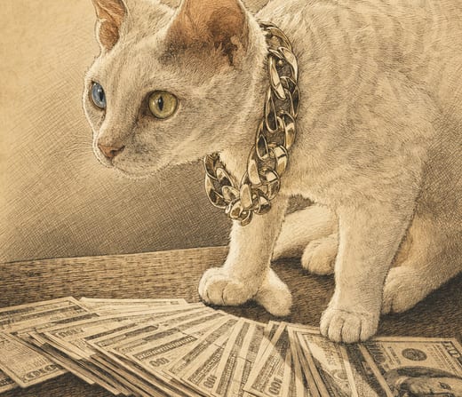 White Gold: a white cat in a gold chain stepping across a fan of banknotes.
